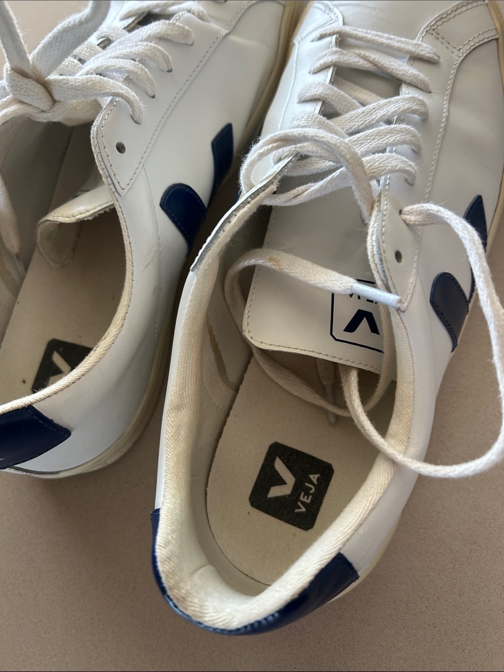 Veja White Leather Sneakers with Navy V Accents